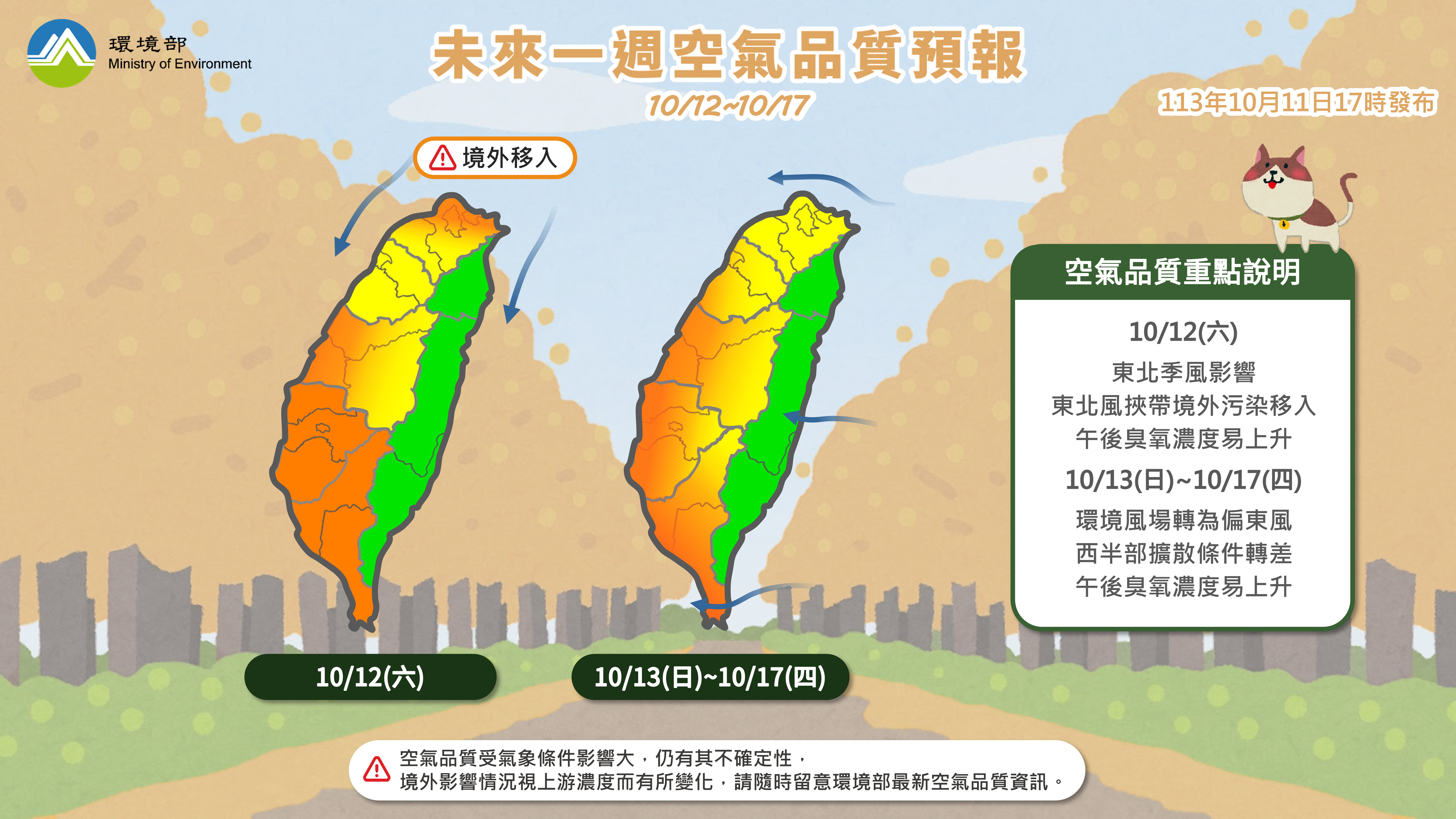 113年10月12日至10月17日空氣品質預報